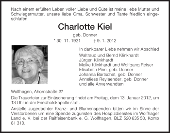 Todesanzeige von Charlotte Kiel von HNA