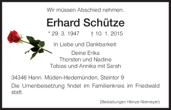 Todesanzeige von Erhard Schütze von HNA