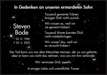 Todesanzeige von Steven Bode von HNA