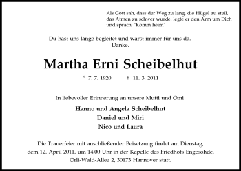 Todesanzeige von Martha Erni Scheibelhut von HNA