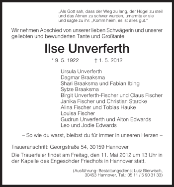 Todesanzeige von Ilse Unverferth von HNA