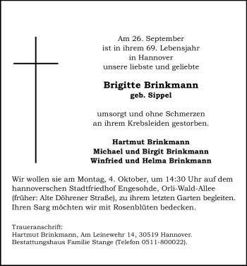 Todesanzeige von Brigitte Brinkmann von HNA