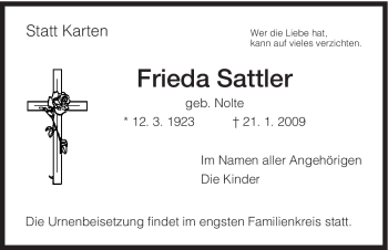 Todesanzeige von Frieda Sattler von HNA