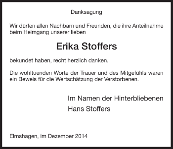 Todesanzeige von Erika Stoffers von HNA