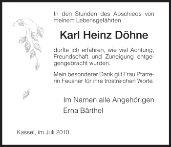 Todesanzeige von Karl Heinz Döhne von HNA