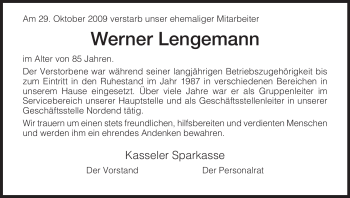 Todesanzeige von Werner Lengemann von HNA