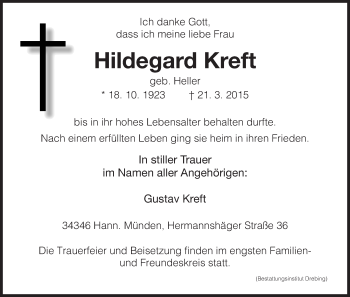 Todesanzeige von Hildegard Kreft von HNA