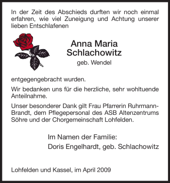 Todesanzeige von Anna Maria Schlachowitz von HNA