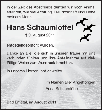 Todesanzeige von Hans Schaumlöffel von HNA
