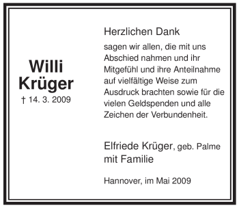 Todesanzeige von Willi Krüger von HNA