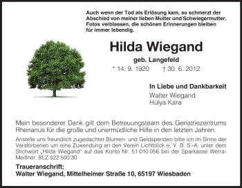 Todesanzeige von Hilda Wiegand von HNA