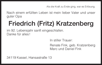 Todesanzeige von Friedrich Kratzenberg von HNA