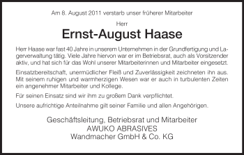 Todesanzeige von Ernst-August Haase von HNA