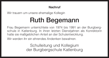 Todesanzeige von Ruth Begemann von HNA