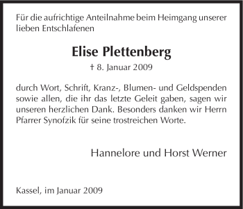 Todesanzeige von Elise Plettenberg von HNA