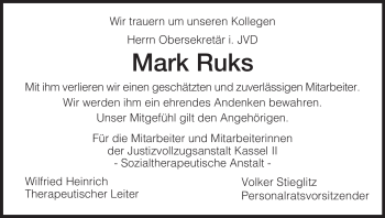 Todesanzeige von Mark Ruks von HNA