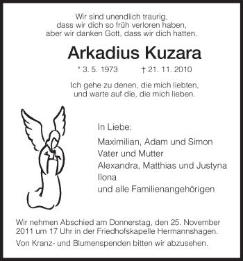 Todesanzeige von Arkadius Kuzara von HNA