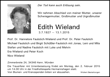 Todesanzeige von Edith Wieland von HNA