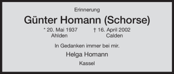 Todesanzeige von Günter Homann von HNA