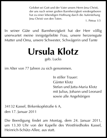 Todesanzeige von Ursula Klotz von HNA