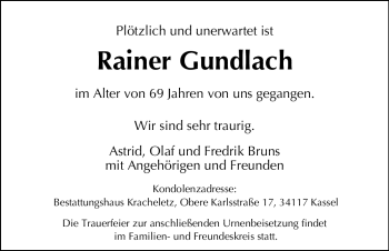 Todesanzeige von Rainer Gundlach von HNA