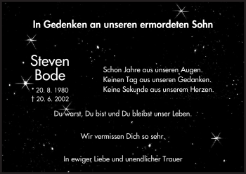 Todesanzeige von Steven Bode von HNA