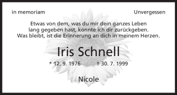 Todesanzeige von Iris Schnell von HNA