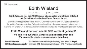 Todesanzeige von Edith Wieland von HNA