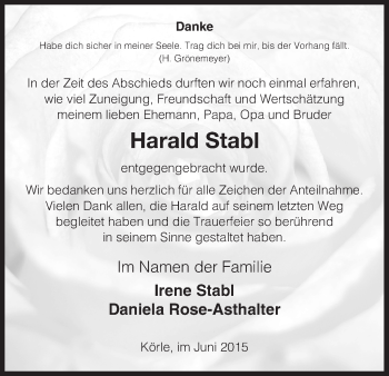 Todesanzeige von Harald Stabl von HNA