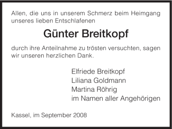 Todesanzeige von Günter Breitkopf von HNA