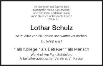 Todesanzeige von Lothar Schulz von HNA