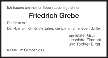 Todesanzeige von Friedrich Grebe von HNA