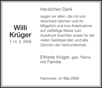 Todesanzeige von Willi Krüger von HNA