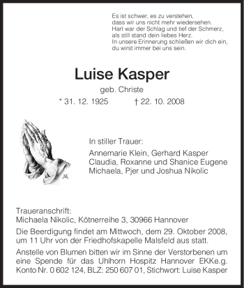 Todesanzeige von Luise Kasper von HNA