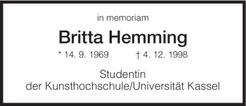 Todesanzeige von Britta Hemming von HNA