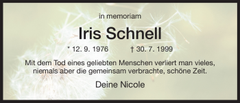 Todesanzeige von Iris Schnell von HNA