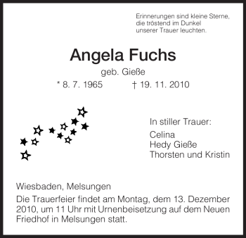 Todesanzeige von Angela Fuchs von HNA