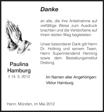 Todesanzeige von Paulina Hamburg von HNA