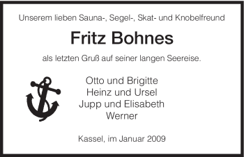 Todesanzeige von Fritz Bohnes von HNA