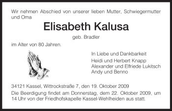 Todesanzeige von Elisabeth Kalusa von HNA