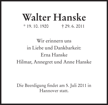 Todesanzeige von Walter Hanske von HNA