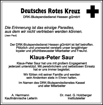 Todesanzeige von Klaus-Peter Saur von HNA