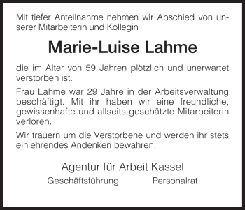 Todesanzeige von Marie-Luise Lahme von HNA