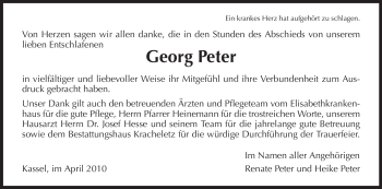 Todesanzeige von Georg Peter von HNA