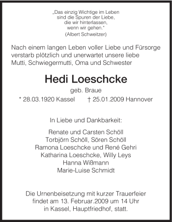 Todesanzeige von Hedi Loeschke von HNA