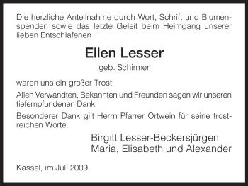 Todesanzeige von Ellen Lesser von HNA