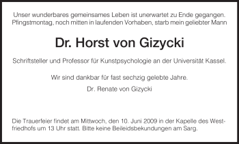 Todesanzeige von Horst von Gizycki von HNA