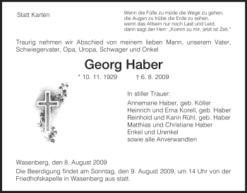 Todesanzeige von Georg Haber von HNA