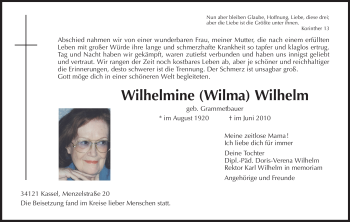 Todesanzeige von Wilhelmine Wilhelm von HNA