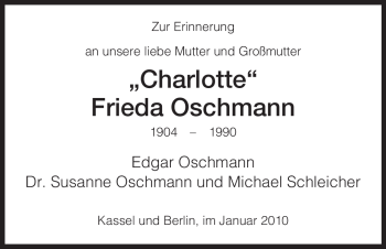 Todesanzeige von Frieda Oschmann von HNA